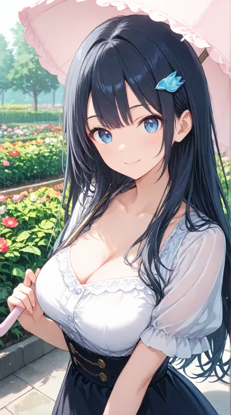 masterpiece,large breasts, long hair, (black hair1.5) , bangs, （1girl1.5）, 青リボン、Blue hairs ornament, 18 years old、breast focus、looking at viewer，full head,Rainy Day,flower garden,(Use a flor parasol),smile,blouse