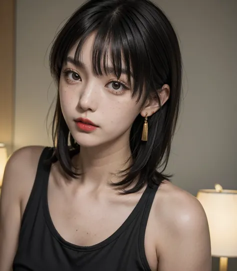 1 woman, masterpiece, 4k, 23 years old, japanese woman, short black hair with bangs, bob haircut, gigant breast, co9nvex areolas, red lips, freckles, gold earings, embaresed, red cheeks, black tank top, black shorts, serious face, looking down, perfect lig...