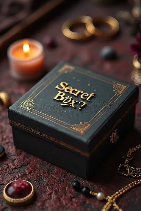 Gift box with the inscription Secret Box? on the lid, where the question mark stands out, creating an atmosphere of mystery and mystery. The box is surrounded by — брелки, rings, Neck chains and other accessories. The box is slightly ajar, and its contents...