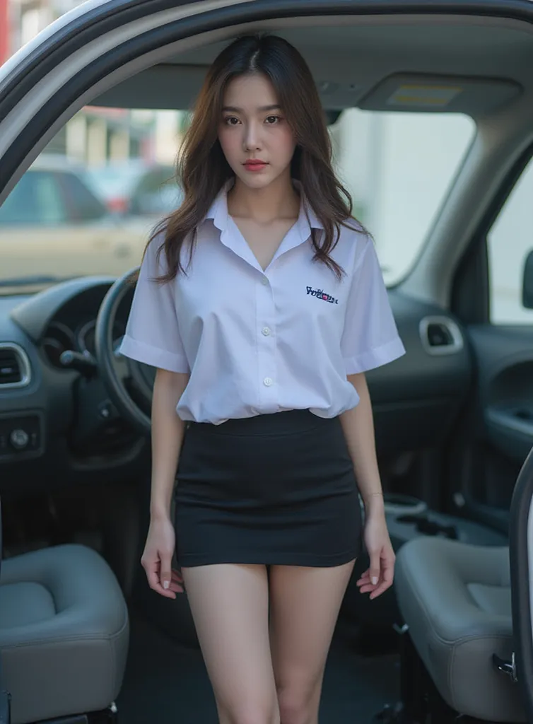 A beautiful girl, a hot-tempered doll wearing a white short-sleeved shirt, wearing a black tight miniskirt, is standing nodding in an electric van.