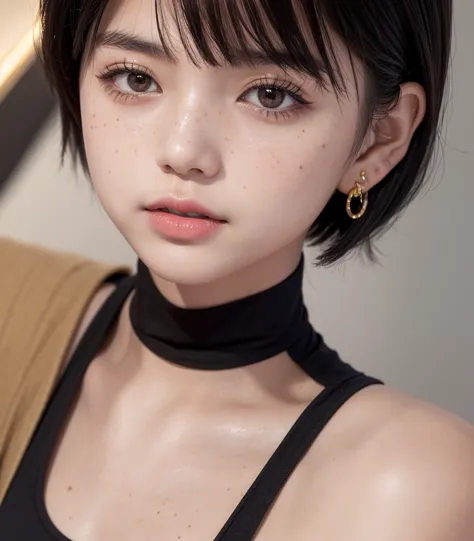 1 woman, masterpiece, 4k, 23 years old, japanese woman, short black hair with bangs, bob haircut, gigant breast, co9nvex areolas, red lips, freckles, gold earings, embaresed, red cheeks, black tank top, black shorts, serious face, looking down, perfect lig...