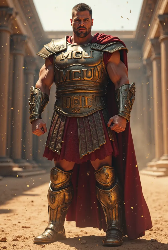 A Roman gladiator with the MCU lettering clearly evident on the armor