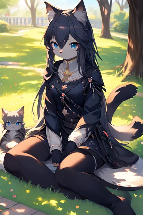 anime cat sitting on the grass with blue eyes and long hair, cute anime catgirl, anime look of a cute cat, anime cat, cute anime cat girl, neferpitou, very beautiful anime cat, realistic anime cat, sora as a cat, anime catgirl, cute detailed digital art, t...