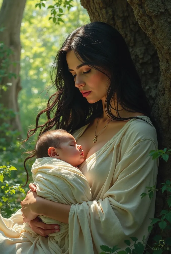 There is a woman with black hair and emerald green eyes. The background is woods. Her head is against the tree with a baby in her arm. Seem to just finish from giving birth