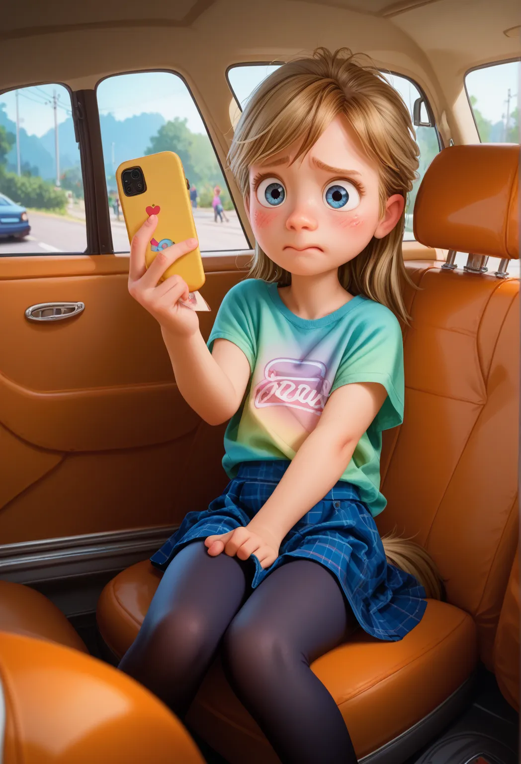 score_9, score_8_ upwards, score_7_ upwards, score_6_ upwards, score_5_ upwards, score_4_ upwards, ri_ley2,  1 girl,  tail,  blond hair,  in the car,  is embarrassed, blushes, holds a few dollars in his hands, peace sign, selfie, mini skirt, shirt,  tights...