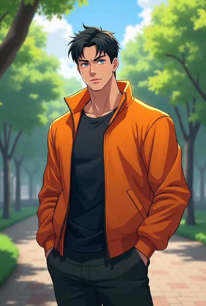 an ordinary handsome anime guy; age 21; mature; Korean hairstyle; orang jacket and blue eyes; is strong and ripped; interesting in fighting; background is park