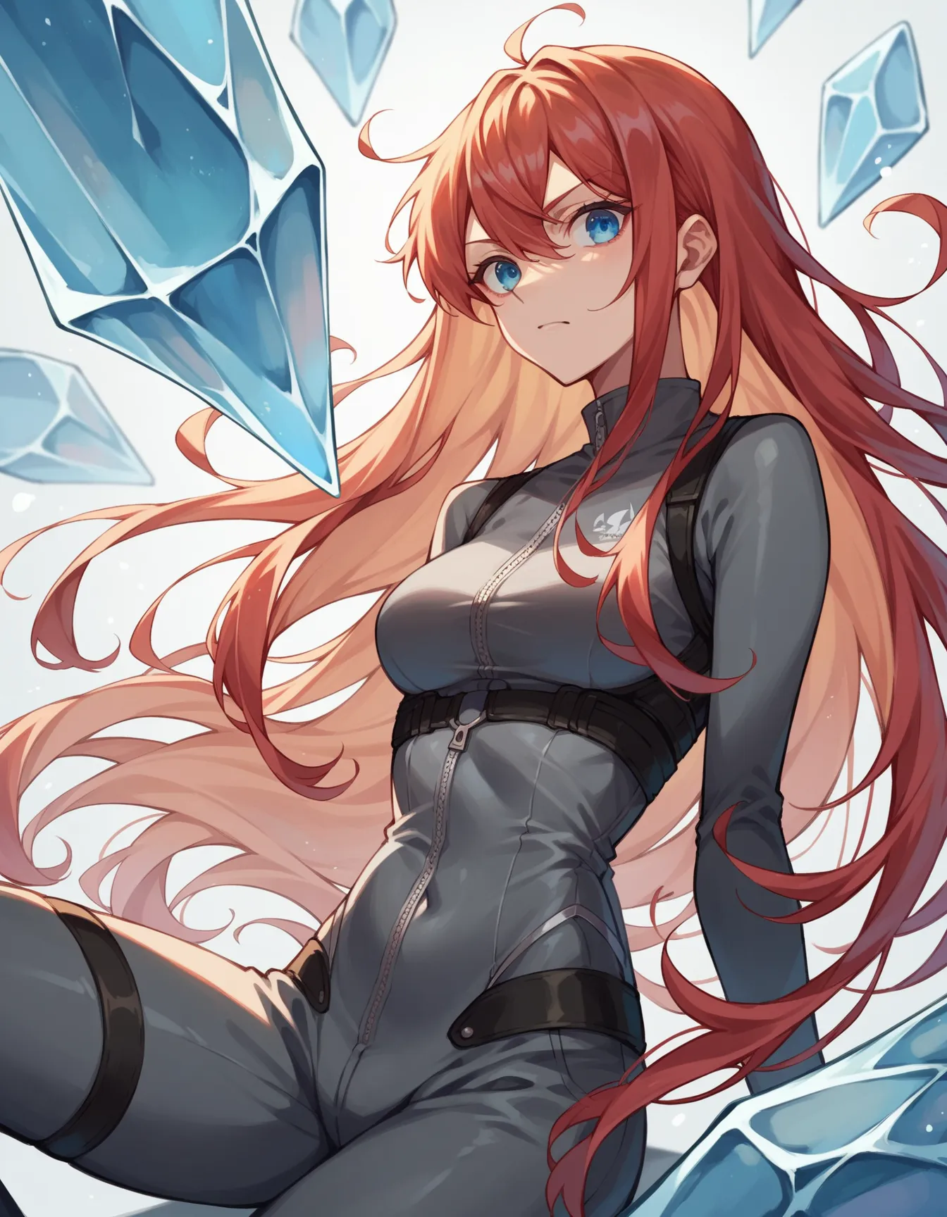 Akiuwam

Grey one-piece motorcycle suit with red elements and a zipper with a neckline, long ice hair with a small tuft ,  ice blue eyes  , anime art