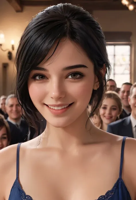 Black Haired Smiling Girl,delicate face,and stare at the audience, masterpiece,(TOP QUALITY,4K,8k,high resolution,超high resolution,realistic,photorealistic:1.37),Disney Style Doodle, Best Shadow,Best lighting, cinematic light , white skin tone
