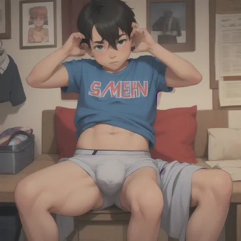 A American boy aged 8 wears a pair of underpants in one crotch., as real