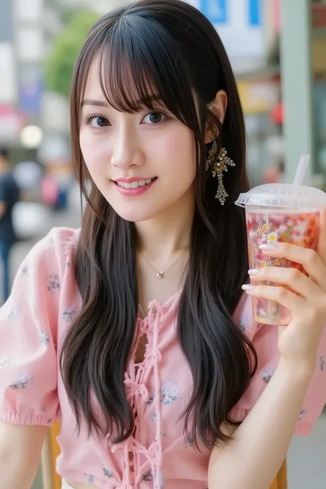 "A cheerful young Japanese woman with long, silky black hair, wearing a stylish pastel-colored outfit. She is holding a bubble tea while laughing in a bustling Tokyo street filled with neon lights and cute character billboards. Her bright eyes and playful ...