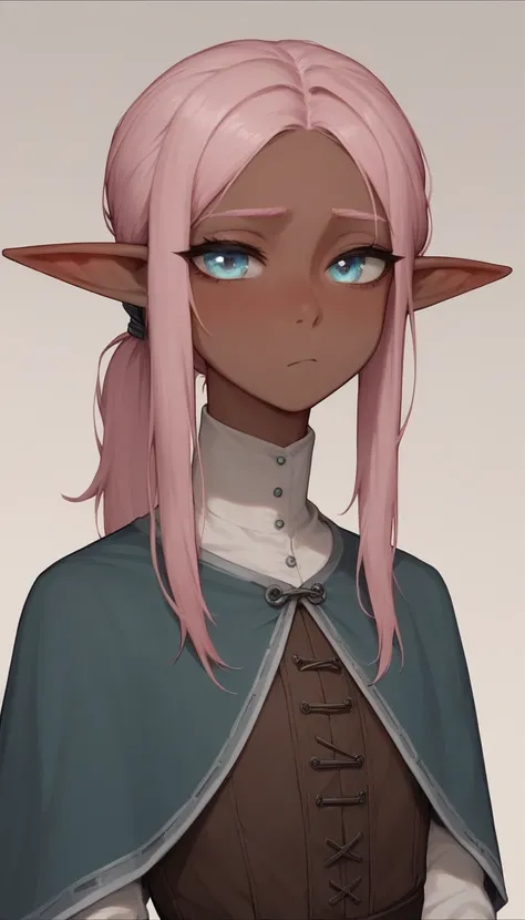     best quality  ,      very detailed illustration   ,(dark elf boy :1,7), black circles under the eyes , lilac eyes ,(pale pink ponytail hair:1,8), tired,  a femboy ,   slim,  perfect body   , Cute,  medieval clothing, playful, 