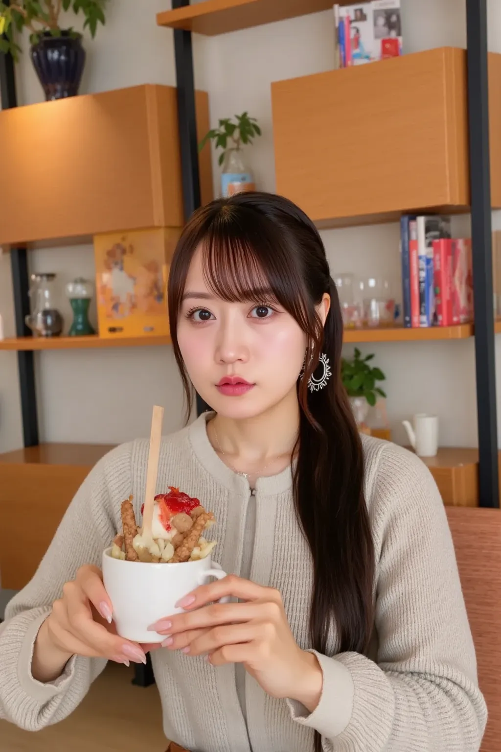 "A cute Japanese woman sitting in a cozy café with soft lighting, enjoying a slice of strawberry shortcake and a cup of coffee. She wears a casual yet fashionable sweater, and her cheeks are slightly flushed as she takes a bite. The background is warm and ...