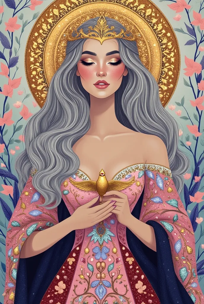 serenity.  A female figure with long wavy silver hair, wearing a halo of gold sequins and a dress made of mosaic, pink, scarlet, lilac and emerald leaves and vines.  a crown of sparkling gold, like a halo.  her expression is peaceful and thoughtful. in her...