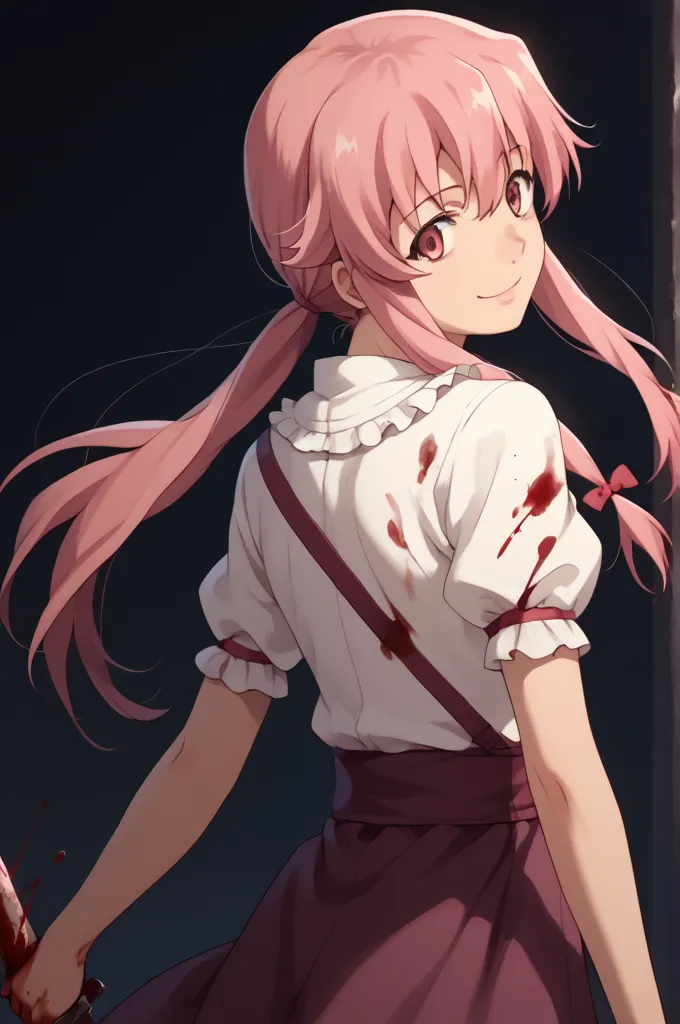 the figure Yuno Gasei from Mirai Nikki, Gasei Yuno  ,   masterpiece,  anatomically correct,   best quality, Blood-stained clothing  ,  bloody knife in hand ,  dark room,  looking at the viewer , menacing smile,  Behind the scenes , 