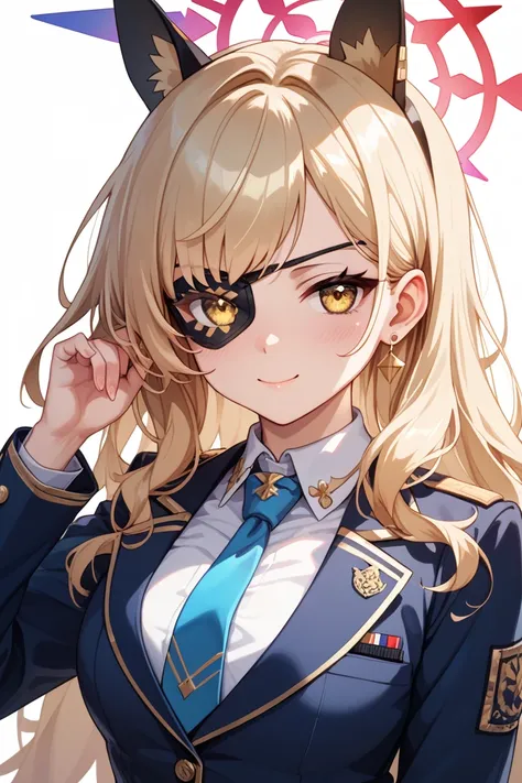 blue archive　 beautiful girl　One Eye　 long hair　Abydos High School　Abydos Closed School Countermeasures Committee　uniform　navy blue blazer　Eye patch　Tall　 nice buddy　Marksman rifle　SR-25　 blue ribbon tie　 golden eyes　Eye of Wedjat　Fuchsia hair color　 sharp...