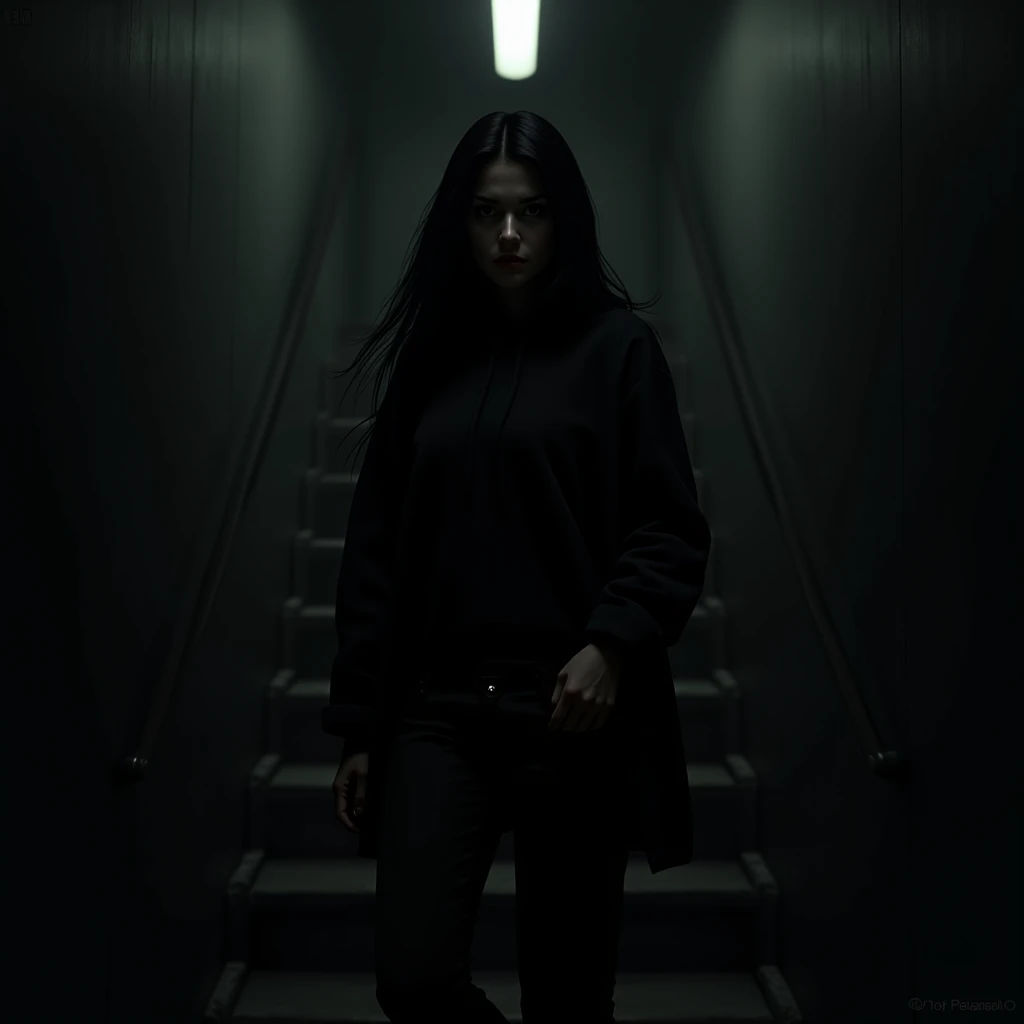 In a corridor with dark stairs, a woman with black long hair, a black hoodie and black pants leans against the wall