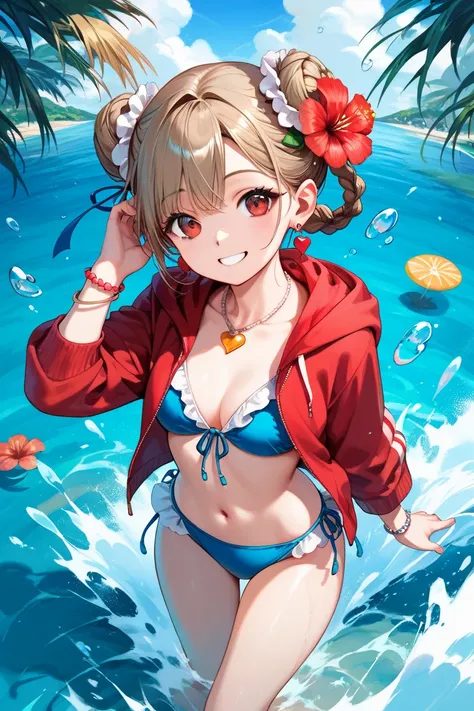 masterpiece,TOP QUALITY,Super Detail,8k, girls on the left,brown braided hair　 fluffy　 red eyes　big flower hair ornament　 white ruffle bikinis　 red hoodie　face up　bracelet　heart necklace　earrings　 cute smile　Beach Background　 playing in the water　 splashes...