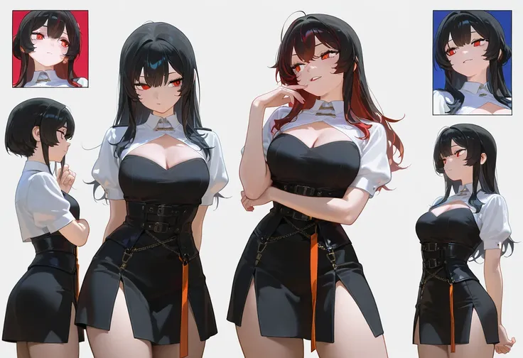 ((3 girls)),  (cowboy shot character design), seductive pose, looking at another,  multiple views,
