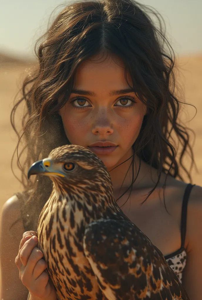 A young girl (dark hair, intense eyes) is holding a hawk (detailed feathers). Dust or sand is swirling around her. Desert setting. Mysterious, dramatic, strong mood. Award-winning digital image quality, high detail, 8k resolution. Style blending photoreali...