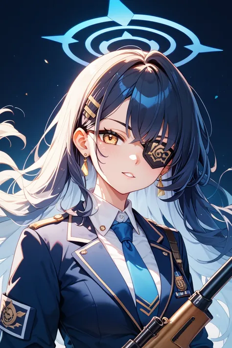 blue archive　 beautiful girl　One Eye　 long hair　Abydos High School　Abydos Closed School Countermeasures Committee　uniform　navy blue blazer　Eye patch　Tall　 nice buddy　Marksman rifle　SR-25　blue ribbon tie　 golden eyes　Fuchsia hair color　 sharp eyesight　 rugg...