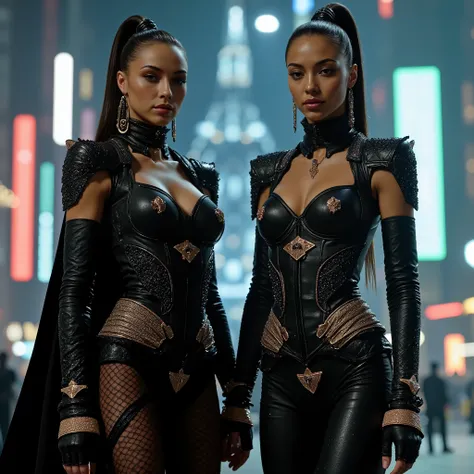 Two female models wearing an ornate outfit inspired by gothic fashion. Futuristic techwear. Latex, lace and patterned leather, with steampunk industrial influences. Copper highlights. Slim, busty mixed race models. Background is a huge digital 3d display, ...