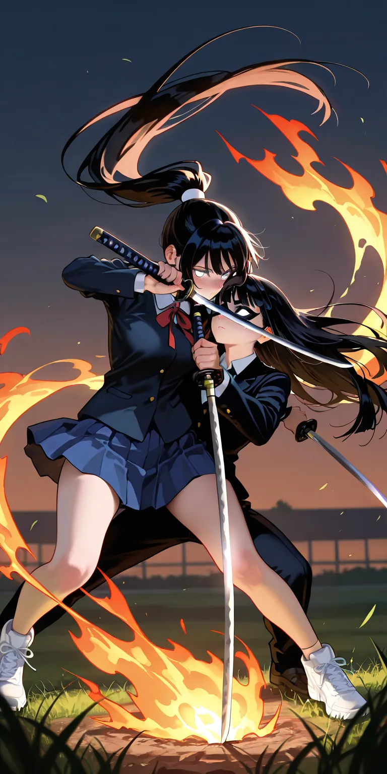 Masterpiece, newest, vibrant, very aesthetic, high contrast, mature men, face to face, mask, black uniform, holding katana, attack her, slashed katana, mature woman, hinata hyuga, black hair, pony hair, straight hair, high ponytail long hair, white eyes, h...