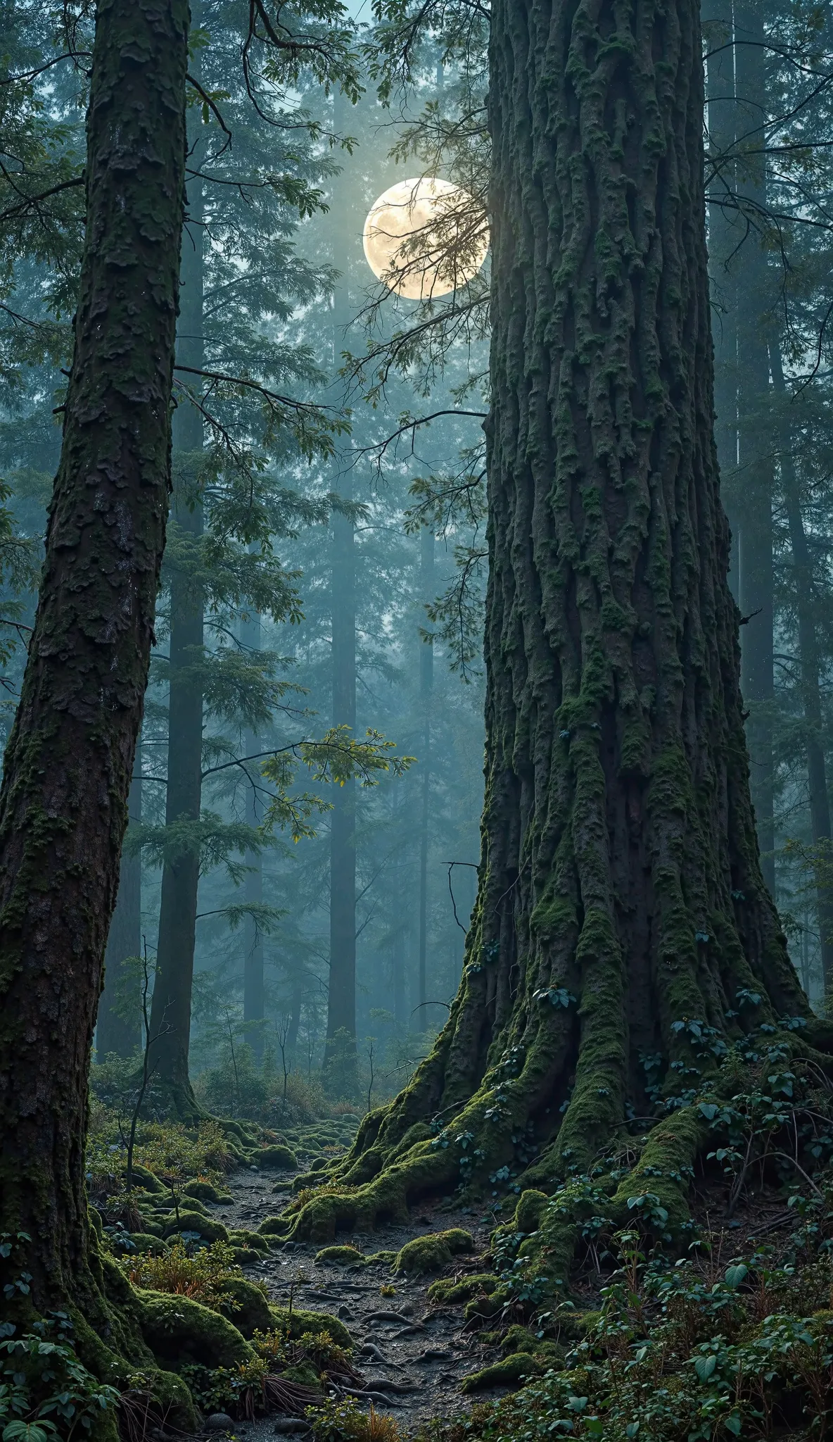 The trunks of these giants are thicker,  than houses , and their gnarled bark, blackened in the shadows of the night, covered with moss and strange patterns, similar to ancient runes.

The moon weakly makes its way through the dense branches, its light ref...