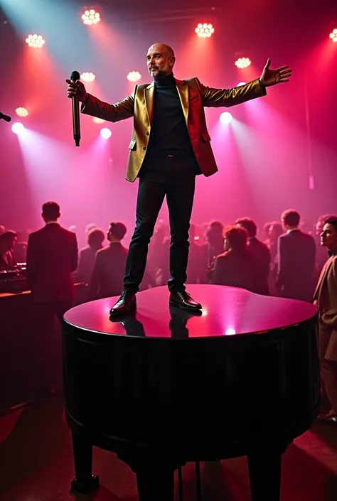 Pep Guardiola (Character Reference) as a charismatic Jazz House singer from the 1980s, captured in an electrifying nightclub performance. He stands confidently on top of a glossy black grand piano, gripping a vintage microphone with one hand while extendin...