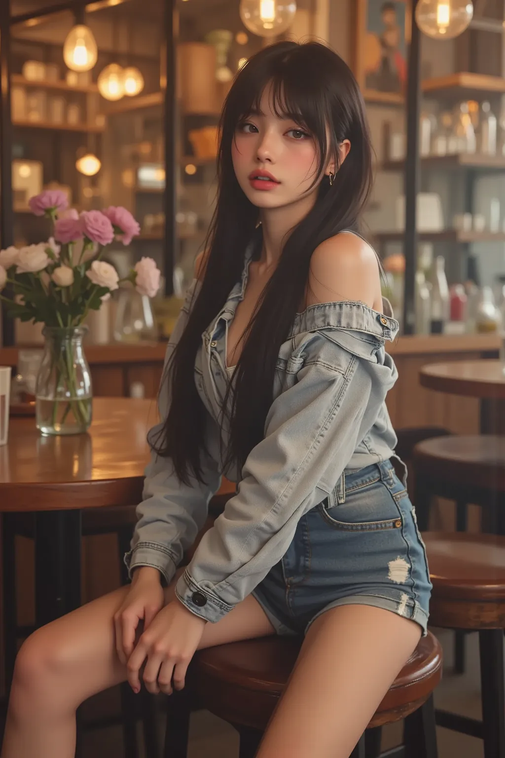 (best quality,  masterpiece, Ultra High Definition, high resolution),  beautiful 8K CG artwork , High quality photos,  anatomically correct body while sitting on the couch at the bar,  depth of field, 1 female,  elegant yet sexy girl , ( long hair,  from h...