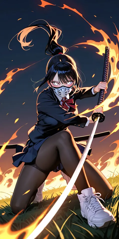 Masterpiece, newest, vibrant, very aesthetic, high contrast, mature men, face to face, mask, black uniform, holding katana, attack her, slashed katana, mature woman, hinata hyuga, black hair, pony hair, straight hair, high ponytail long hair, white eyes, h...