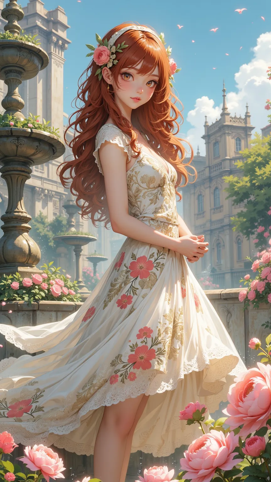 Portrait of a girl，with long hair in red brown，wearing a delicate lace skirt，adorned with intricate floral embroidery，extravagant and charming，, the color is soft，舉止grace，grace，stands in a sea of ghostly flowers，wearing a fluffy skirt，The background is a s...