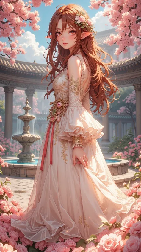 Portrait of a girl，with long hair in red brown，wearing a delicate lace skirt，adorned with intricate floral embroidery，extravagant and charming，, the color is soft，舉止grace，grace，stands in a sea of ghostly flowers，wearing a fluffy skirt，The background is a s...