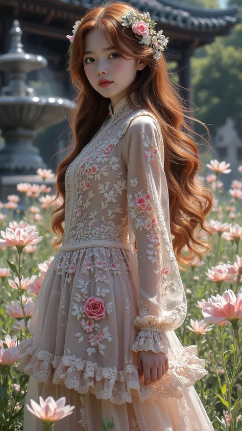 Portrait of a girl，with long hair in red brown，wearing a delicate lace skirt，adorned with intricate floral embroidery，extravagant and charming，, the color is soft，舉止grace，grace，stands in a sea of ghostly flowers，wearing a fluffy skirt，The background is a s...