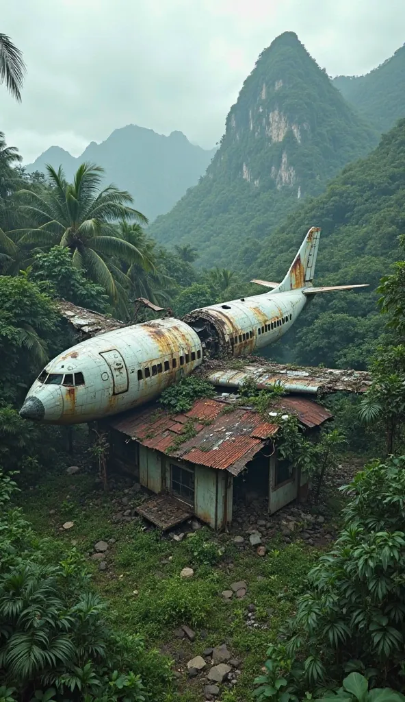 "A massive old airplane has crashed onto a small house, situated deep within a dense jungle. The wreckage of the plane is scattered across the roof and surrounding the house, with some parts torn apart and others embedded into the walls. The jungle is thic...