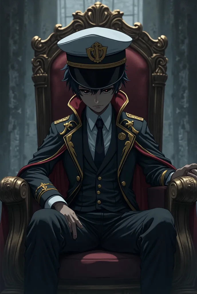 Anime depressed cute boy captain while his face is completely covered with shadow  wearing suit, captain hat and tie with color black and gold on edge of the clothes also the pants too, and has a cloak hanging around his shoulder and back too while sitting...