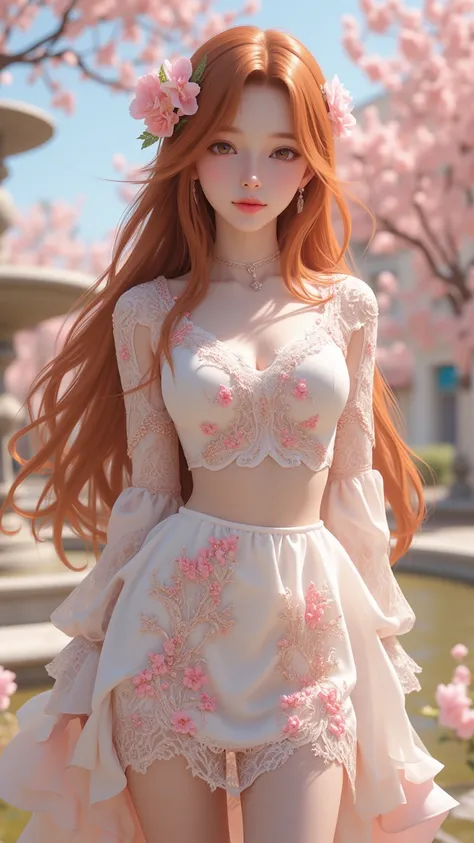 Portrait of a girl，with long hair in red brown，wearing a delicate lace skirt，adorned with intricate floral embroidery，extravagant and charming，, the color is soft，舉止grace，grace，stands in a sea of ghostly flowers，wearing a fluffy skirt，The background is a s...