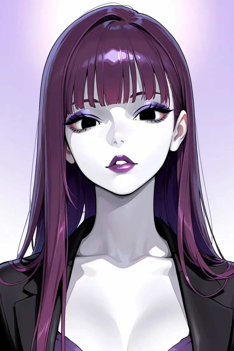 very thin femboy straight purple hair purple lips big black eyes very white skin