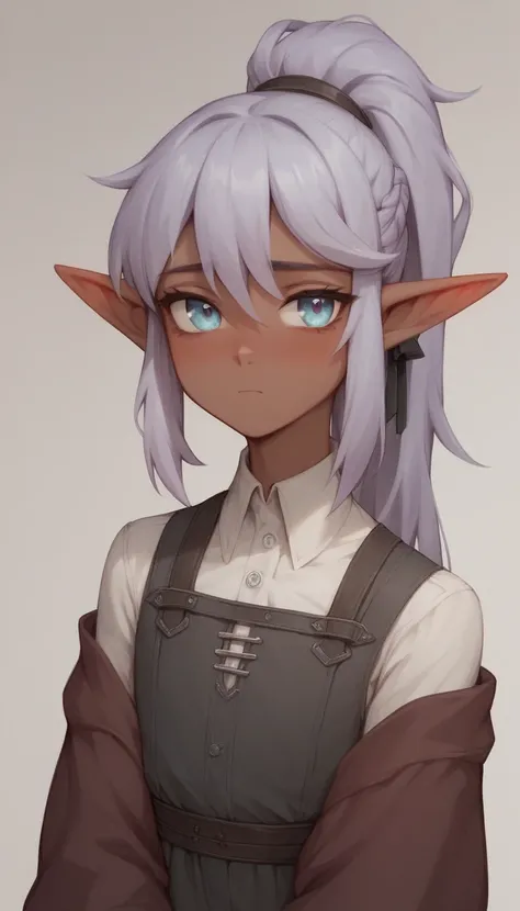     best quality  ,      very detailed illustration   ,(dark elf boy :1,7), black circles under the eyes , lilac eyes ,(gray-lilac hair ponytail:1,8), tired,  a femboy ,   slim,  perfect body   , Cute,  medieval clothing, playful, 