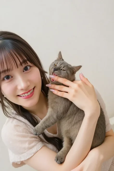 "A cute Japanese woman wearing an adorable dress is gently petting an angry, hissing cat that is baring its teeth. She is trying to soothe the cat with a kind expression. The cat's fur is slightly raised, and its ears are flattened, showing its irritation....