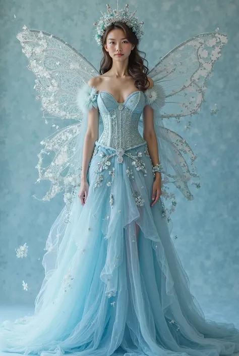 Create an image of a model wearing very light blue fantasy dress. The dress is highly detalied.The model is standing and has small face and slim body. The model is wearing wings which made of lace fabric. The model is human. The dress is made in corset sty...