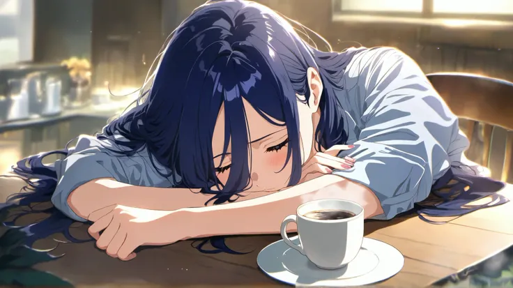 A picture of an anime girl, with dark blue long hair. Totally tired on Monday, at the table with a cup of coffee