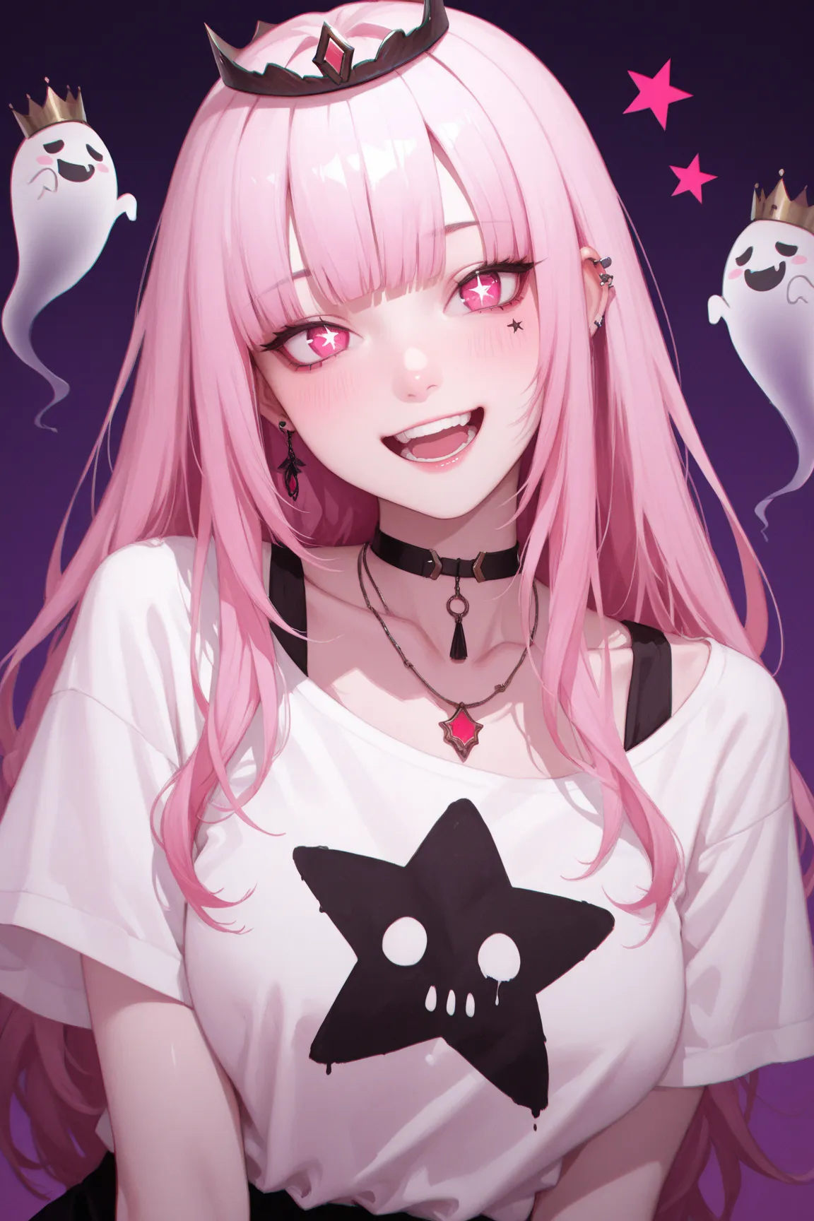 masterpiece, best quality, amazing quality, very aesthetic, 1girl, jewelry, pink_hair, long_hair, earrings, shirt, star_(symbol), virtual_youtuber, crown, smile, white_shirt, bangs, open_mouth, pink_eyes, necklace, looking_at_viewer, solo, breasts, ghost, ...