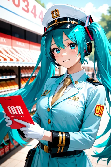 
 (TOP QUALITY), (8k detailed), ( masterpiece), masterpiece , 1 person , woman ,  Hatsune Miku ,  turquoise hair  , twin tails , smile ,  create a perfect body line  , Hot body ,  exact finger , Light effects ,  Hatsune Miku , scene  ,  (Japanese policewom...