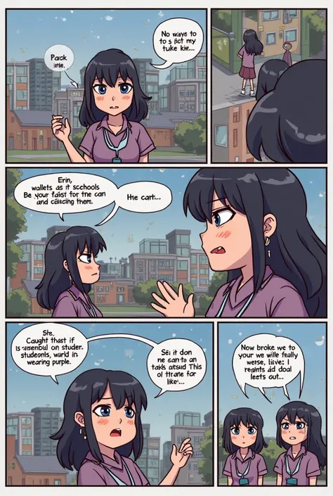 Create a 5 panel comic with a school background with this context: Erin panics as the school’s Feb Fair drains her wallet. After bribing Lyka to write a secret dedication, she gets caught in a random crackdown on students wearing purple. Now broke and deta...