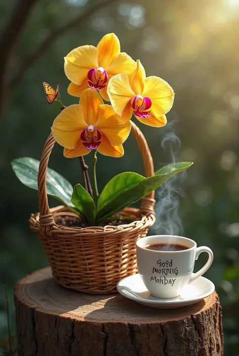 Create a high resolution image of a yellow Vanda orchid with orange edges in a wicker basket, which is placed on an old tree stump. Beside the basket is a white coffee cup, full of coffee. The coffee cup has the words Good Morning Monday written on it. The...