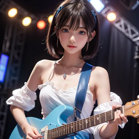 A young woman with straight bangs ( quick bangs) Shiny silky blond short hair、 playing an electric guitar on a live stage at an outdoor music festival. She is energetic and passionate, surrounded by a crowd of cheering fans. The stage is brightly lit with ...