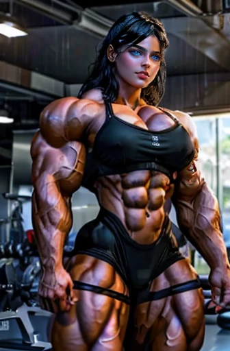 a very handsome young girl , a very handsome Brazilian girl, very beautiful, hot, huge muscles, very muscular, huge bíceps, bara, wearing a gymastic outfit, in an gym, high quality, best quality, masterpiece, epic lighting, low lighting, polished lighting,...