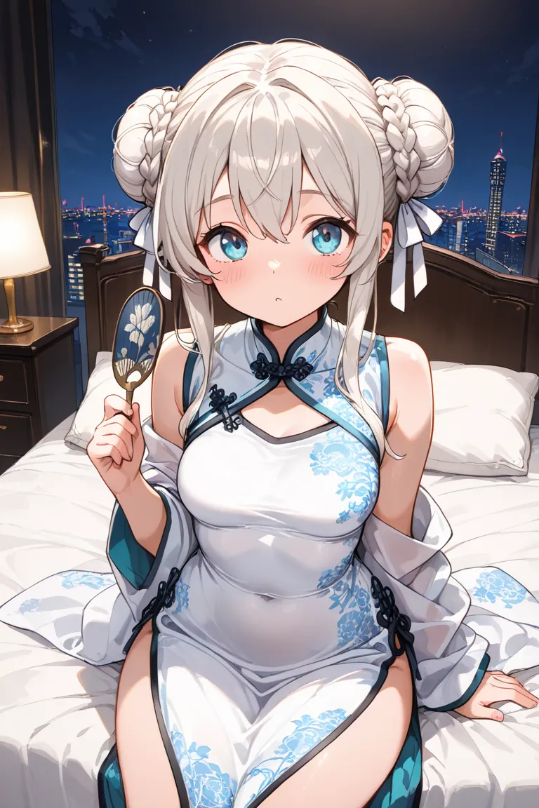 masterpiece,TOP QUALITY,Super Detail,8k, girls on the left,black braided bun hair　 white ribbon　 white Chinese clothes 　 sit on the bed　 hotel　fan　 sexy pose