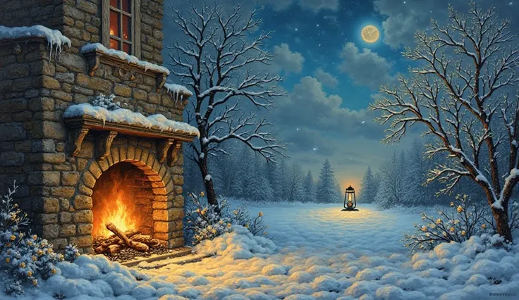 A painting in the style of Russian surrealism: Winter night landscape outside the window:  snow-covered trees , covered with frost, clouds, which,  A lonely lantern in the distance, cup of herbal tea, creating space, fire A cup of herbal tea: like the warm...