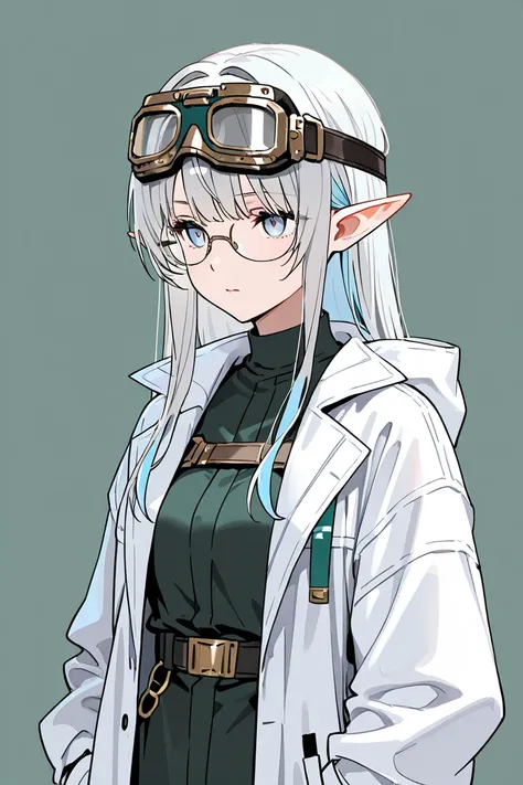 mechanic goggles, elf ears, white coat, glasses, silver hair　multi-color inner hair simple background　 　 Low